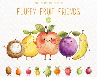 Kindergarten-Obst-Clipart, Aquarell-Obst-Figuren, Clipart für gesunde Lebensmittel, süße Obst-PNG, Vorschul- und Kindergarten-Grafiken, Kindergarten-Kunst
