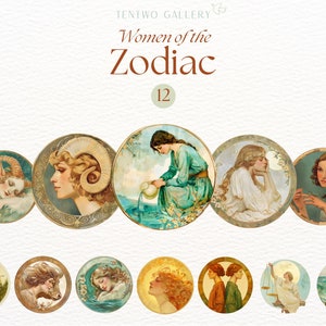 Clipart de signos do zodíaco, gráficos do zodíaco com tema feminino, clipart de astrologia, zodíaco retrô, celestial, designs PNG de horóscopo, clipart de signos de estrela