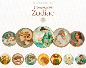 Zodiac Signs Clipart, Women-Themed Zodiac Graphics, Astrology Clipart, Retro Zodiac, Celestial, Horoscope PNG Designs, Star Sign Clipart