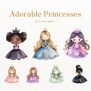 May include: Watercolor illustration of seven adorable princesses wearing crowns and dresses in various colors, including pink, blue, purple, and black. The illustration is titled "Adorable Princesses" with the text "By TenTwo Gallery" below.