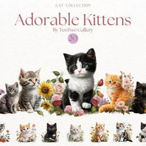 Aquarelle chats Clipart, Clipart chatons mignons, chatons floraux, chats et fleurs PNG, Clipart Kitty, chat doodles, conception graphique de chat mignon