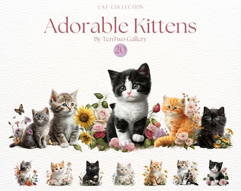 Watercolour Cats Clipart, Cute Kittens Clipart, Floral Kittens, Cats and Flowers PNG, Kitty Clipart, Cat Doodles, Cute Cat Graphic Design