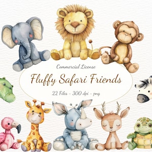 Clipart di animali safari ripieni, clipart di animali della scuola materna dell'acquerello, giocattoli di peluche per bambini, simpatici animali esotici, decorazione della scuola materna PNG, Baby Shower