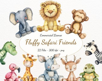 Puede incluir: Un conjunto de 22 ilustraciones de acuarela de animales de safari lindos y de peluche. Los animales incluyen un león, un elefante, un mono, un cocodrilo, una jirafa, un rinoceronte, un ciervo, una tortuga y una cebra. Las ilustraciones son perfectas para crear productos para niños, invitaciones y otros proyectos creativos.