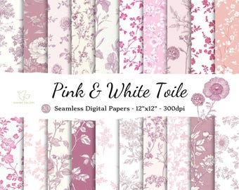 Papel digital sem costura rosa e branco Toile, chique e chique francês Toile de Jouy, papéis florais, diário de flores silvestres, vintage, flores antigas