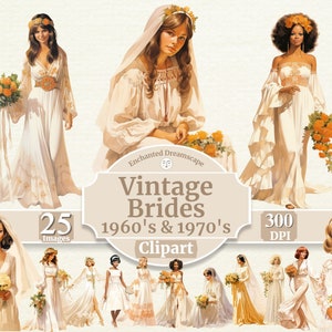 Vintage Brides 1960&#39;s & 1970&#39;s Clipart | Retro Wedding Brides | Wedding png | Bridal Clipart | Full Commercial Use | Instant Download