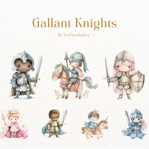 May include: Watercolor illustration of six cute knights in various poses. Some are riding horses and unicorns, while others are holding swords and shields. The illustration is titled "Gallant Knights" with the text "By TenTwo Gallery".