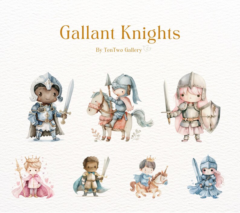 May include: Watercolor illustration of six cute knights in various poses. Some are riding horses and unicorns, while others are holding swords and shields. The illustration is titled "Gallant Knights" with the text "By TenTwo Gallery".