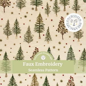 Faux Embroidery seamless pattern, Christmas seamless file for fabric printing, Christmas Trees embroidered, digital file