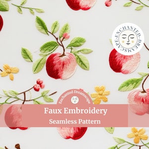 Apples seamless pattern, Faux embroidery, Fruit seamless file for fabric printing, Apples repeating pattern, Floral digital fabric