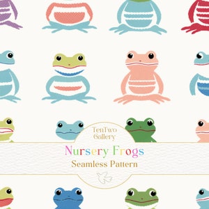 Könnte beinhalten: Ein nahtloses Muster mit bunten Cartoon-Fröschen in verschiedenen Posen. Die Frösche sind in Blau-, Grün-, Rosa- und Lilatönen mit weißen Akzenten gehalten. Der Text "Nursery Frogs Seamless Pattern" wird darunter angezeigt.