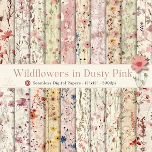Wildflowers in Dusty Pink Seamless Digital Paper, Printable Floral Scrapbook Paper, Floral Backgrounds, Commercial Use Flower Patterns