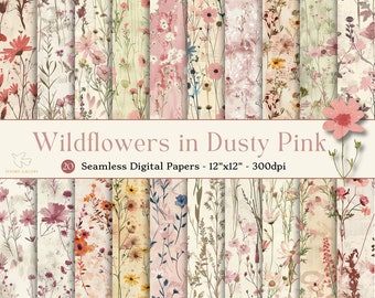 Wildflowers in Dusty Pink Seamless Digital Paper, Printable Floral Scrapbook Paper, Floral Backgrounds, Commercial Use Flower Patterns
