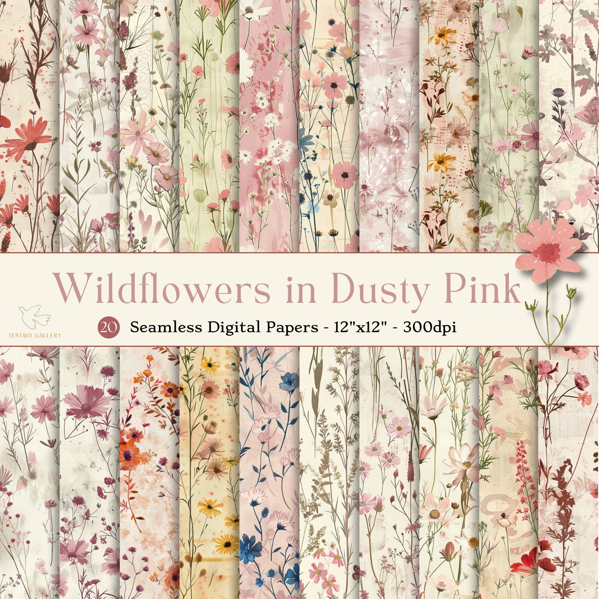 Wildflowers in Dusty Pink Seamless Digital Paper, Printable Floral ...