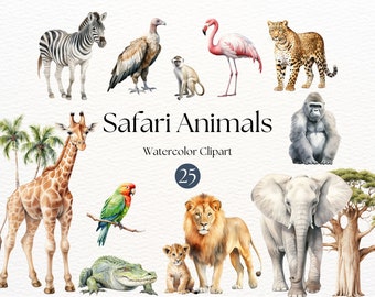 May include: Watercolor clipart set of 25 safari animals, including a giraffe, zebra, lion, elephant, gorilla, flamingo, monkey, parrot, crocodile, and vulture. The animals are painted in a realistic style with vibrant colors.