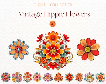 Vintage Hippie Flowers Clipart, Groovy Floral Graphics, Flower Power Clipart, Boho Flower Sublimation, Psychedelic Flowers, Retro 70's