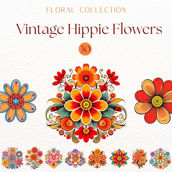 Vintage Hippie Flowers Clipart, Groovy Floral Graphics, Flower Power Clipart, Boho Flower Sublimation, Psychedelic Flowers, Retro 70's