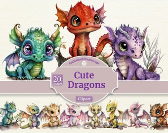 Cute Dragons Clipart | Watercolour Clipart | Adorable Dragons | Fantasy Clipart | Full Commercial Use | Instant Download