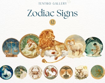 Vintage Zodiac Zeichen Clipart, Astrologie Grafiken, Retro Zodiac Symbole Sublimation, Celestial, Horoskop PNG Designs, Sternzeichen Clipart