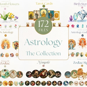 Collection astrologie, cliparts signes du zodiaque, lot de valeurs astrologie, fleurs du mois de naissance, déesses, cartes de tarot PNG, graphiques célestes