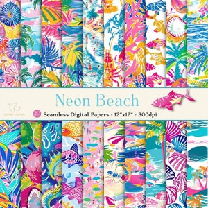 May include: A set of 20 digital papers featuring bright, neon-colored beach scenes. The papers are seamless and perfect for crafting projects, scrapbooking, and digital design. The papers are 12 inches by 12 inches and 300 dpi.