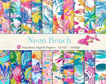 Neon Beach Nahtloses Digitalpapier, druckbares Sommer Beachy Scrapbookpapier, Urlaubshintergründe, kommerzielle Nutzung Preppy Küstenmuster