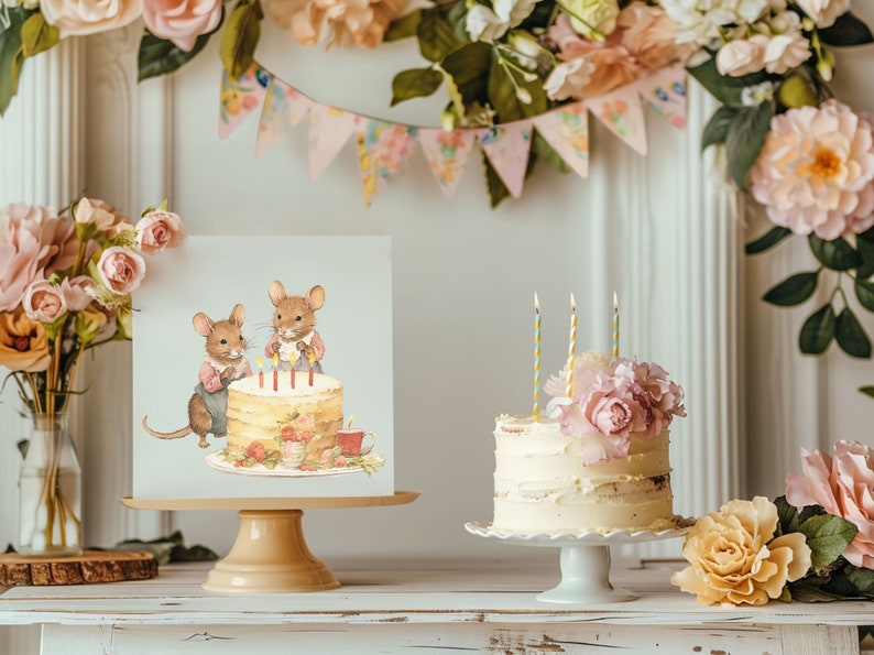 May include: Two mice wearing blue overalls are blowing out candles on a layered cake. The cake is decorated with strawberries and a cup of tea. The image is on a white card with a light blue background.