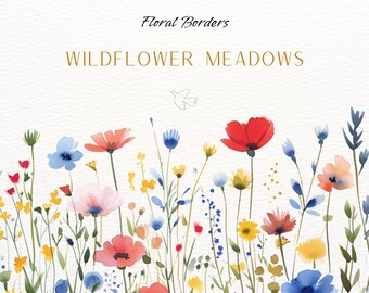 Imágenes prediseñadas florales de acuarela / Imágenes prediseñadas de bordes de flores silvestres / Conjunto de bordes florales / Flores de pradera / Flores de verano / Pradera de flores silvestres png /