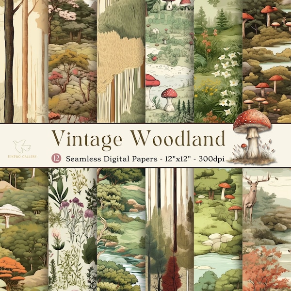 Vintage Woodland Seamless Digital Paper, Printable Forest Scrapbook Pattern, Mushroom Backgrounds, Commercial Use Digital Woodland Fabric