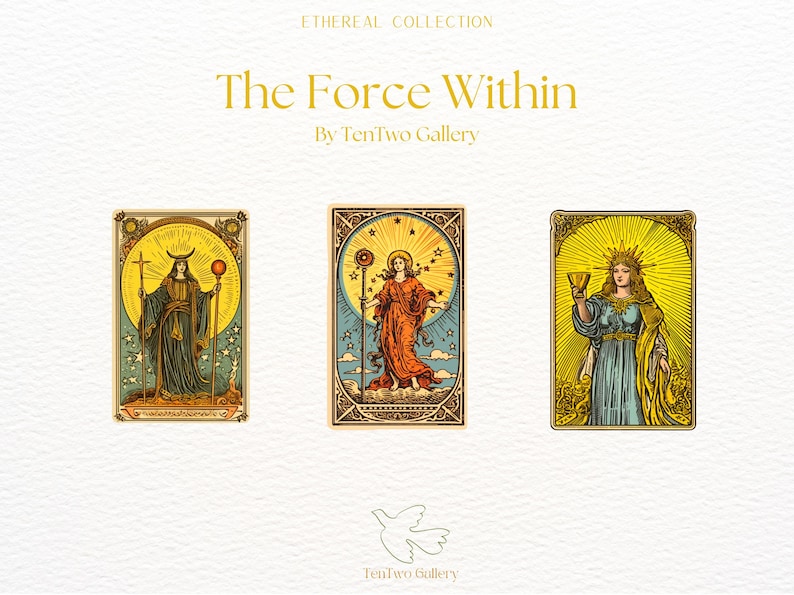 May include: Three tarot cards with illustrations of women in robes, each holding a different symbol. The cards are titled "The Force Within" and are part of the "Ethereal Collection" by TenTwo Gallery.
