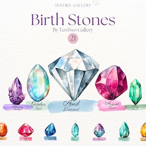 Clipart pierres de naissance, sublimation de pierres précieuses de naissance aquarelle, les 21 pierres de naissance avec texte, png de pierres de naissance, clipart anniversaire, pierres précieuses, baptême