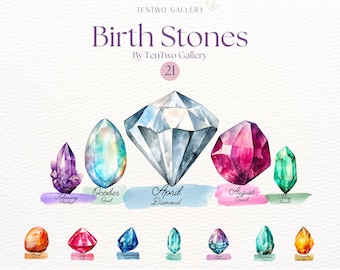 Birthstones Clipart, Watercolour Birth Gems Sublimation, All 21 birthstones with text, Birth Stones png, Birthday Clipart, Gemstones,Baptism