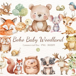 Boho bos clipart, schattige bos dieren clipart, baby dieren, bosrijke baby shower clipart, bosrijke kwekerij, Boho bos dieren PNG