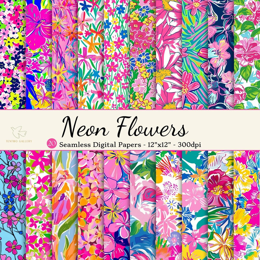 Neon Flowers Seamless Digital Paper, Printable Summer Floral Scrapbook ...