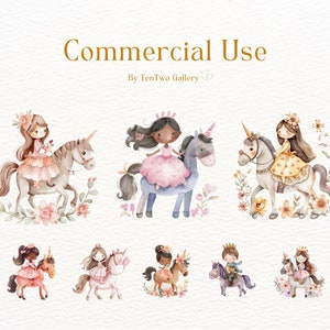 May include: Watercolor illustration of eight princesses riding unicorns. The princesses are wearing pink, yellow, and blue dresses and have long brown hair. The unicorns are white, gray, and blue. The background is a light beige with flowers.