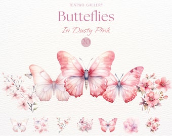 Aquarel vlinders clipart, roze bloemen vlinder graphics, bruiloft uitnodiging ontwerpen, roze vlinder sublimatie, elegante bloem PNG