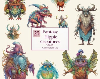 Hippie Fantasy Creatures Clipart | Fantasy Sublimation | Commercial Use | Hippie Creatures PNG | Fantasy Sublimation | Scrapbooking |