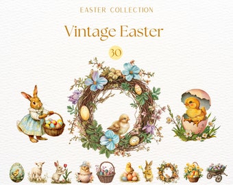 Vintage Ostern Clipart, Osterhase, Osterei, Osterkorb, Frühling Clipart, Küken PNG, Lamm, Tulpe, Ostercollage, Junk Journal
