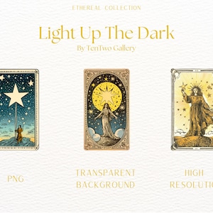 May include: Three vintage-style illustrations of a star with a person standing on a hilltop. The illustrations are in a gold frame with a white background. The text "Light Up The Dark" is above the illustrations. The text "By TenTwo Gallery" is below the illustrations. The illustrations are labeled "PNG", "TRANSPARENT BACKGROUND", and "HIGH RESOLUTION".