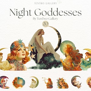 Nachtgodinnen clipart, hemelse clipart, vintage godin PNG, etherische graphics, mystieke sublimatie, nachtelijke godheid, maangodin