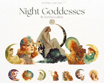 Night Godesses Clipart, Celestial Clipart, Vintage Goddess PNG, Ethereal Graphics, Mystical Sublimation, Nocturnal Deity, lunar goddess