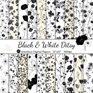 Papier numérique sans couture floral noir et blanc, papier de scrapbooking floral imprimable, arrière-plans fleuris, tissu pour journal indésirable, tendance