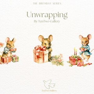 May include: Three watercolour illustrations of mice holding presents. The mice are brown with pink noses and are wearing blue clothing. The presents are wrapped in red and white paper with ribbons. The text "Unwrapping" and "By TenTwo Gallery" is written in green above the mice.