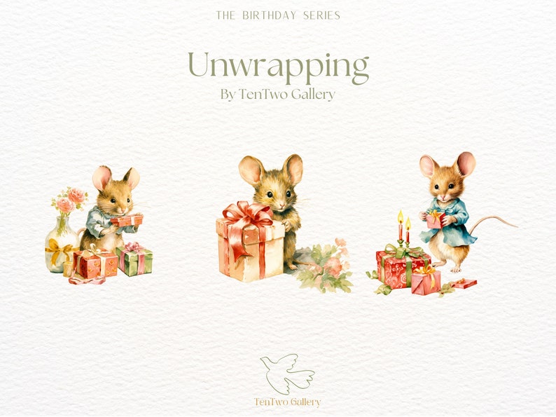 May include: Three watercolour illustrations of mice holding presents. The mice are brown with pink noses and are wearing blue clothing. The presents are wrapped in red and white paper with ribbons. The text "Unwrapping" and "By TenTwo Gallery" is written in green above the mice.