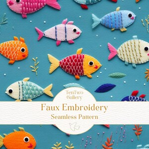 May include: A seamless pattern featuring colorful embroidered fish on a blue background. The fish are in various colors, including red, orange, yellow, green, blue, and white. The pattern is perfect for fabric, wallpaper, or other creative projects.