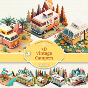 3D-vintage kampeerders clipart | Vintage camper bestelwagens bundel | Commercieel gebruik | Isometrische kampeerders PNG | Old School Campers met directe download