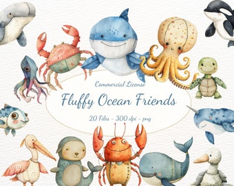 Schattige oceaan dieren clipart, aquarel kwekerij dieren clipart, baby oceaan dieren, schattige zeedieren, Plushie graphics, baby shower PNG