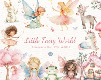 Watercolor Fairy Clipart, Pink Fairy PNG, Fairy Garden, Mushroom, Unicorn, Bunny, Deer, Floral Clipart, Magical Fairy Nursery, Cute Fantasy