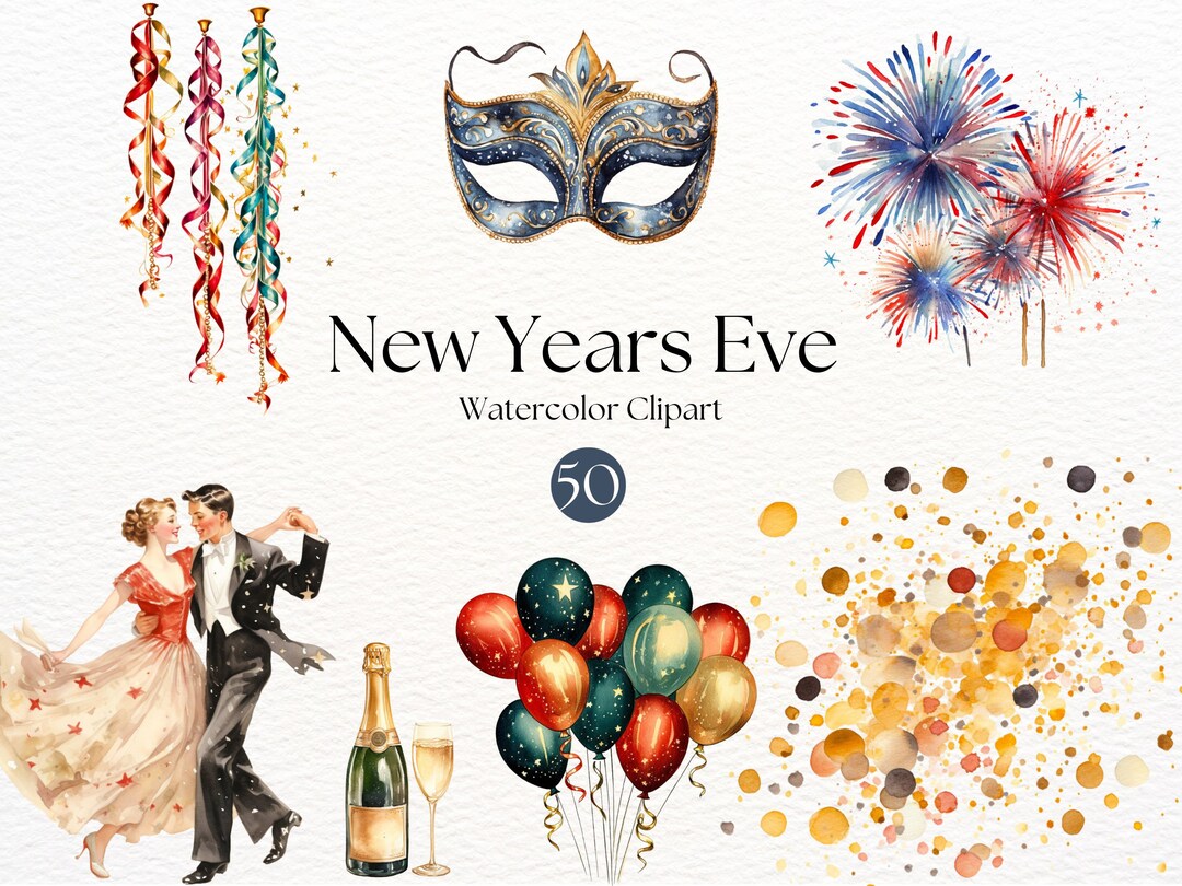 New Years Eve Clipart | Watercolor Celebration Clipart | Happy New ...