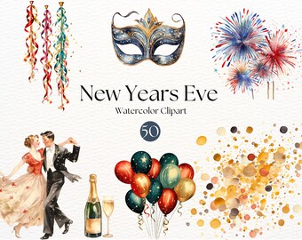 New Years Eve Clipart | Watercolor Celebration Clipart | Happy New Years Party Sublimation | Vintage New year | Carnival | Confetti & Masks